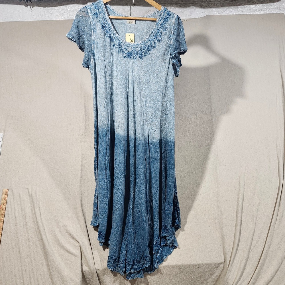 Advance Apparels Blue Ombre Embroidered Rayon Midi Dress Free Size Boho Hippie